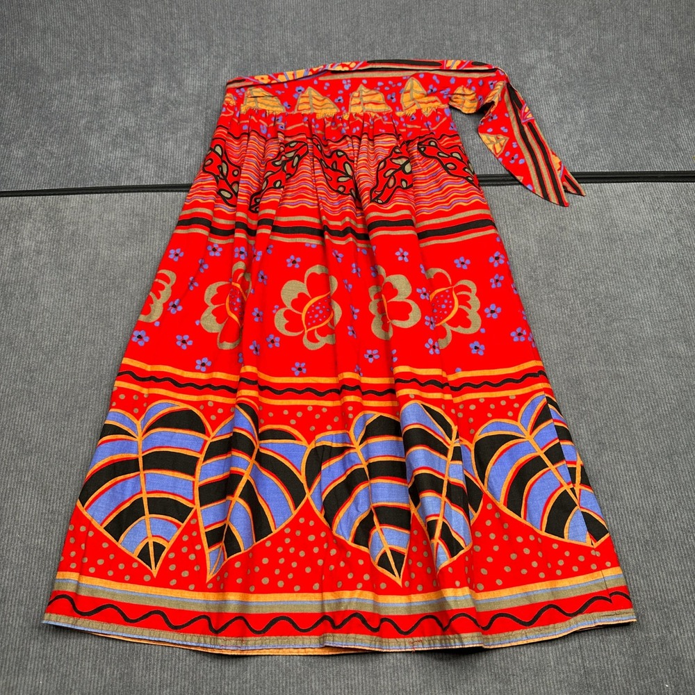 Vintage Red Tropical Floral Wrap Midi Skirt Bohemian Gathered Tie Waist Multi